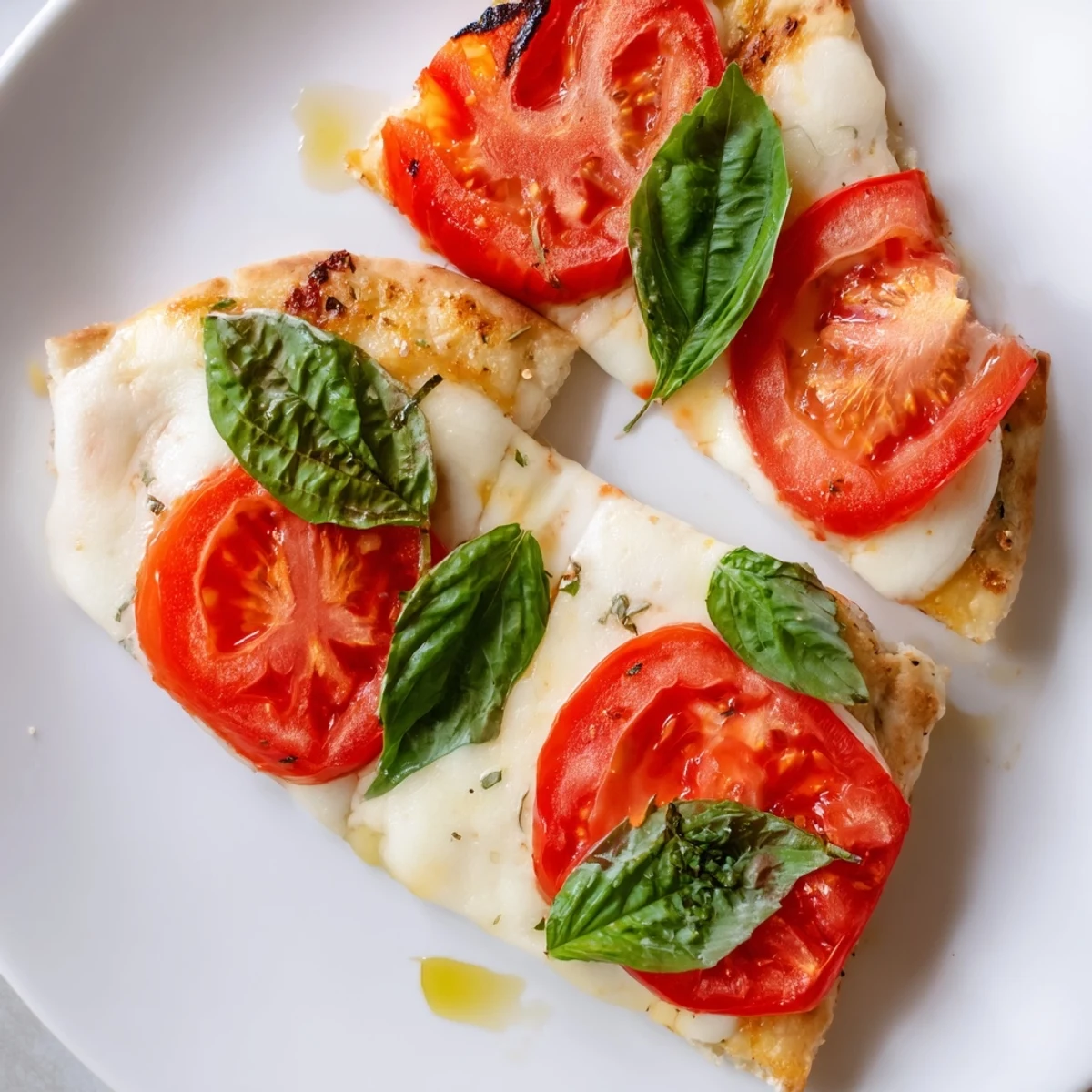 Close-up of a flavorful Quick Margherita Naan Pizza; crispy naan topped with fresh ingredients.