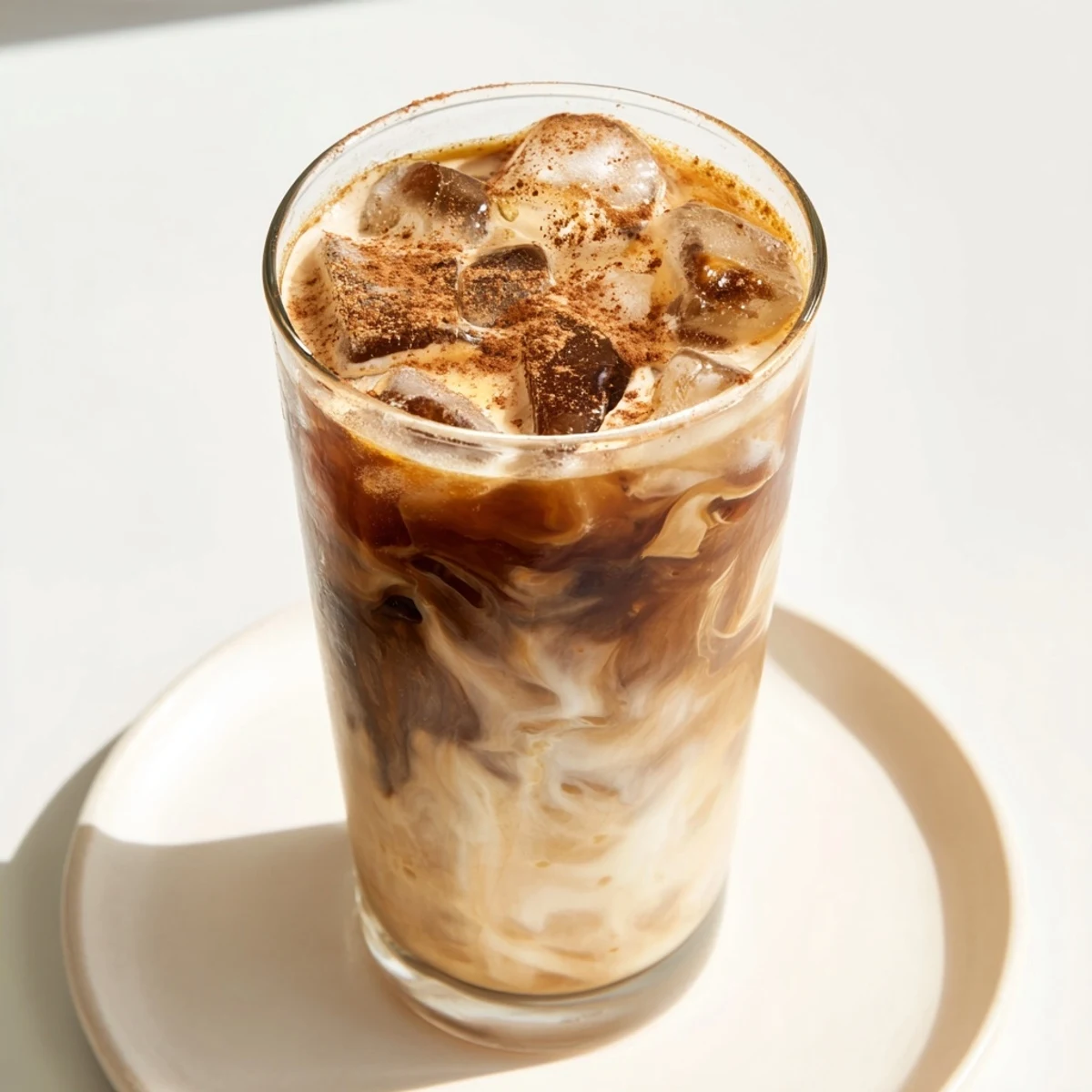 Frothy Iced Brown Sugar Oat Latte with a beautiful swirl, served in a tall, chilled glass, ready to sip.