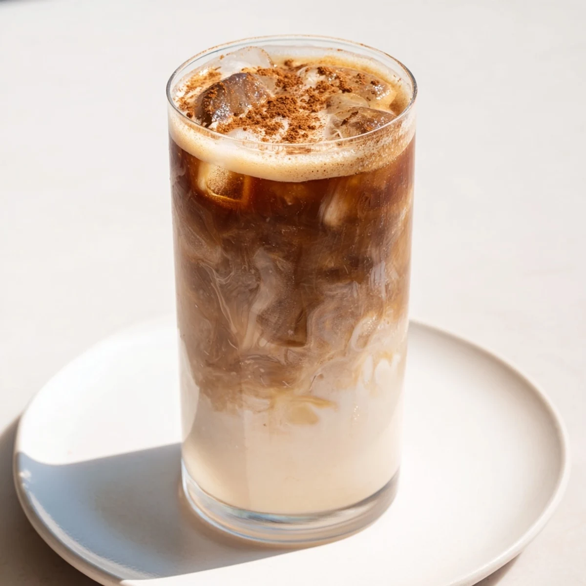 An expertly made Iced Brown Sugar Oat Latte, showcasing creamy oat milk and a perfect espresso shot.