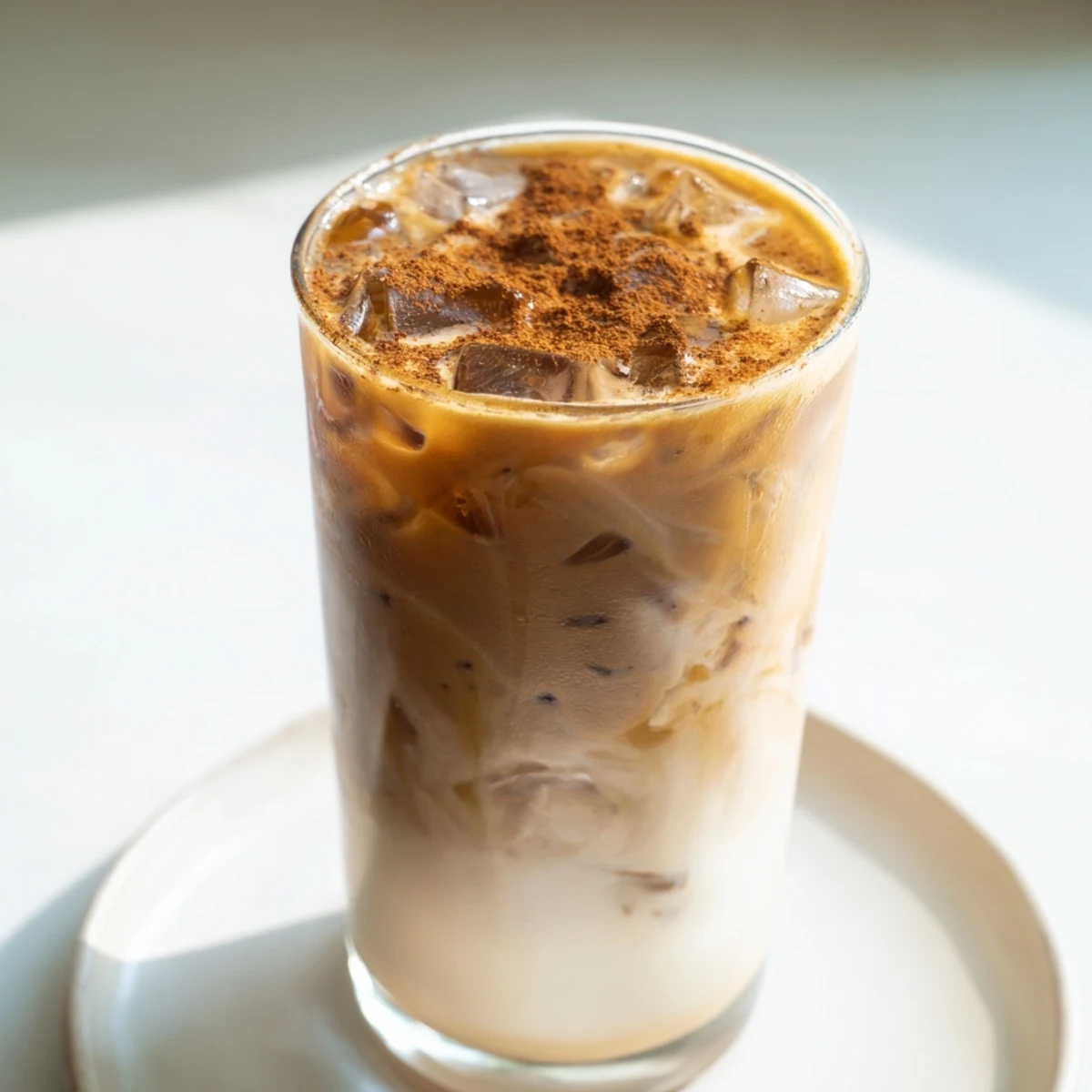 Cool, refreshing Iced Brown Sugar Oat Latte dusted with cinnamon, a perfect vegan coffee treat.