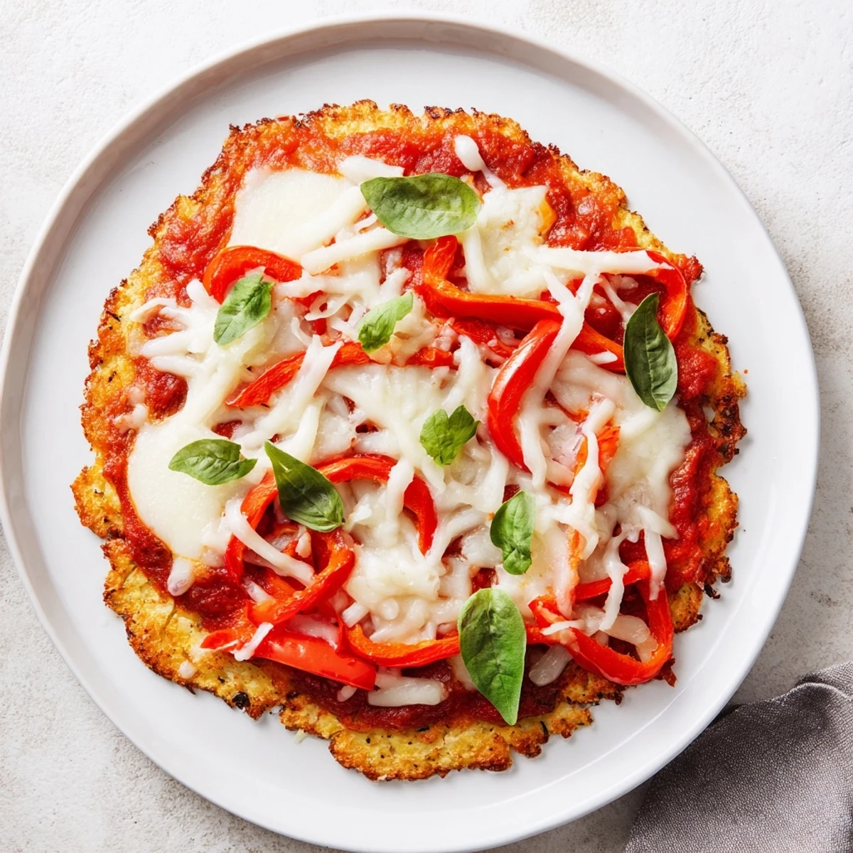 Homemade cauliflower pizza crust, a delicious, healthy alternative, invites you imagine the savory toppings.