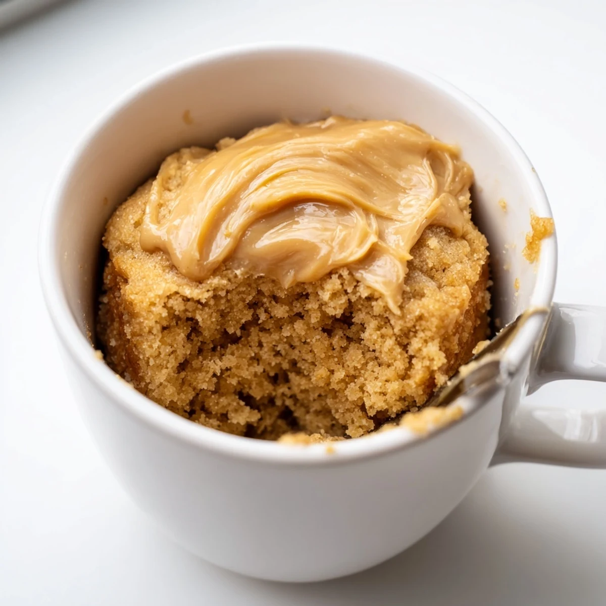A single serving of a rich and decadent 2-Minute Peanut Butter Mug Cake, ready in under 5 minutes.