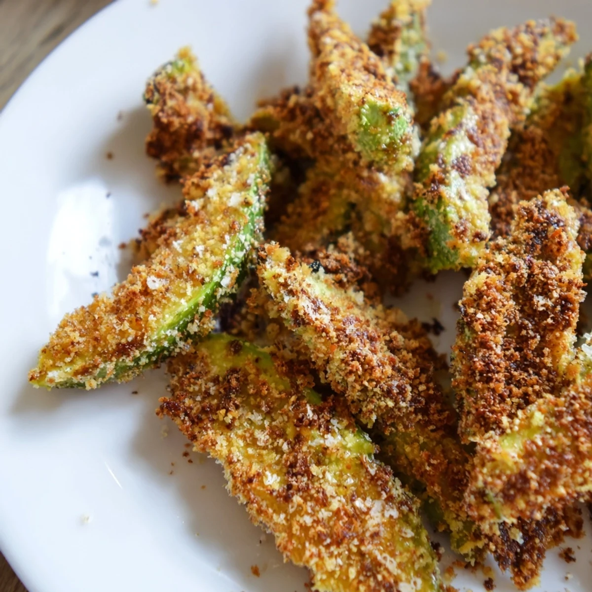 Golden-brown crispy baked avocado fries—a delicious appetizer with creamy, tender avocado.
