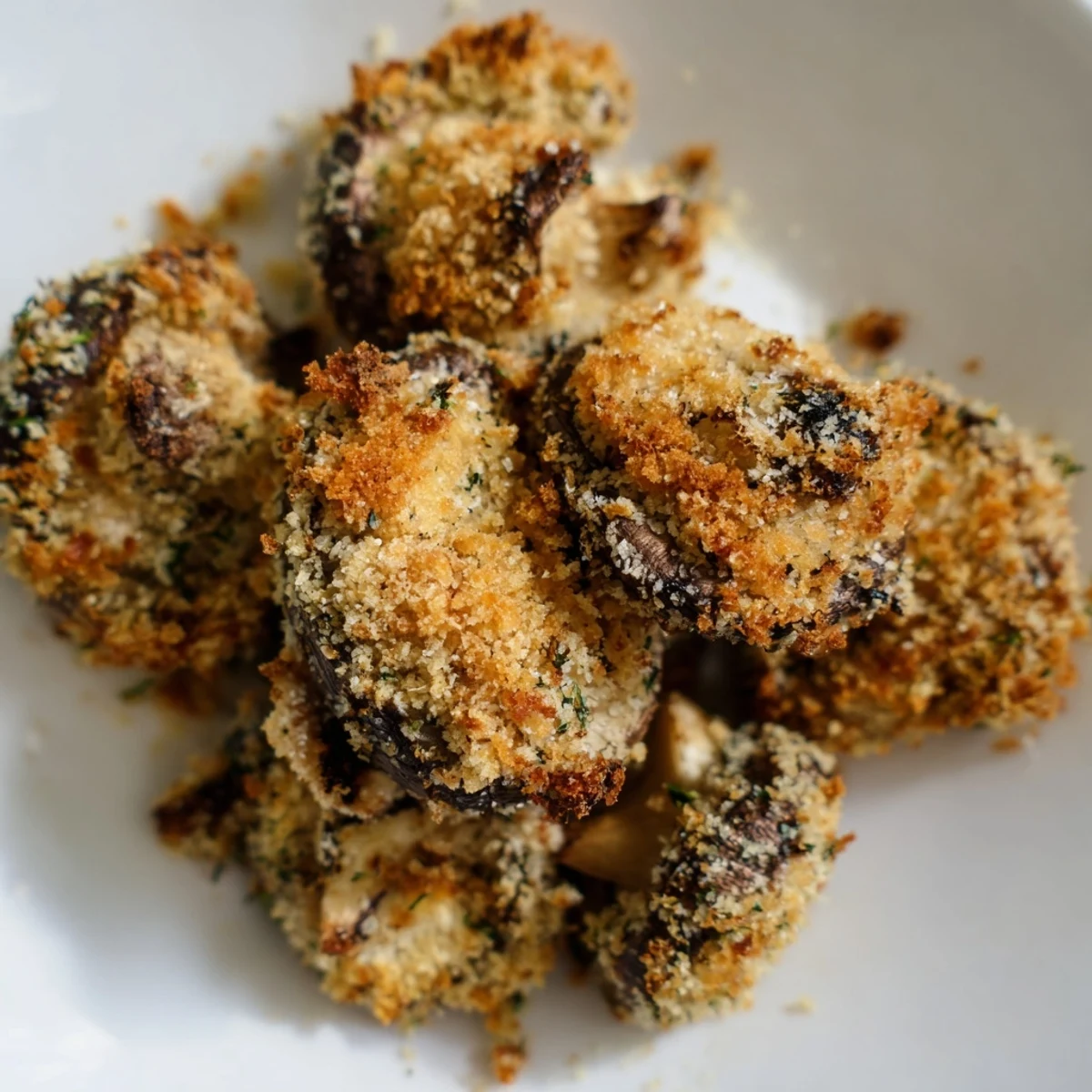 Close-up of baked Ranch-Seasoned Crispy Mushrooms, showing their perfectly browned, crunchy texture.