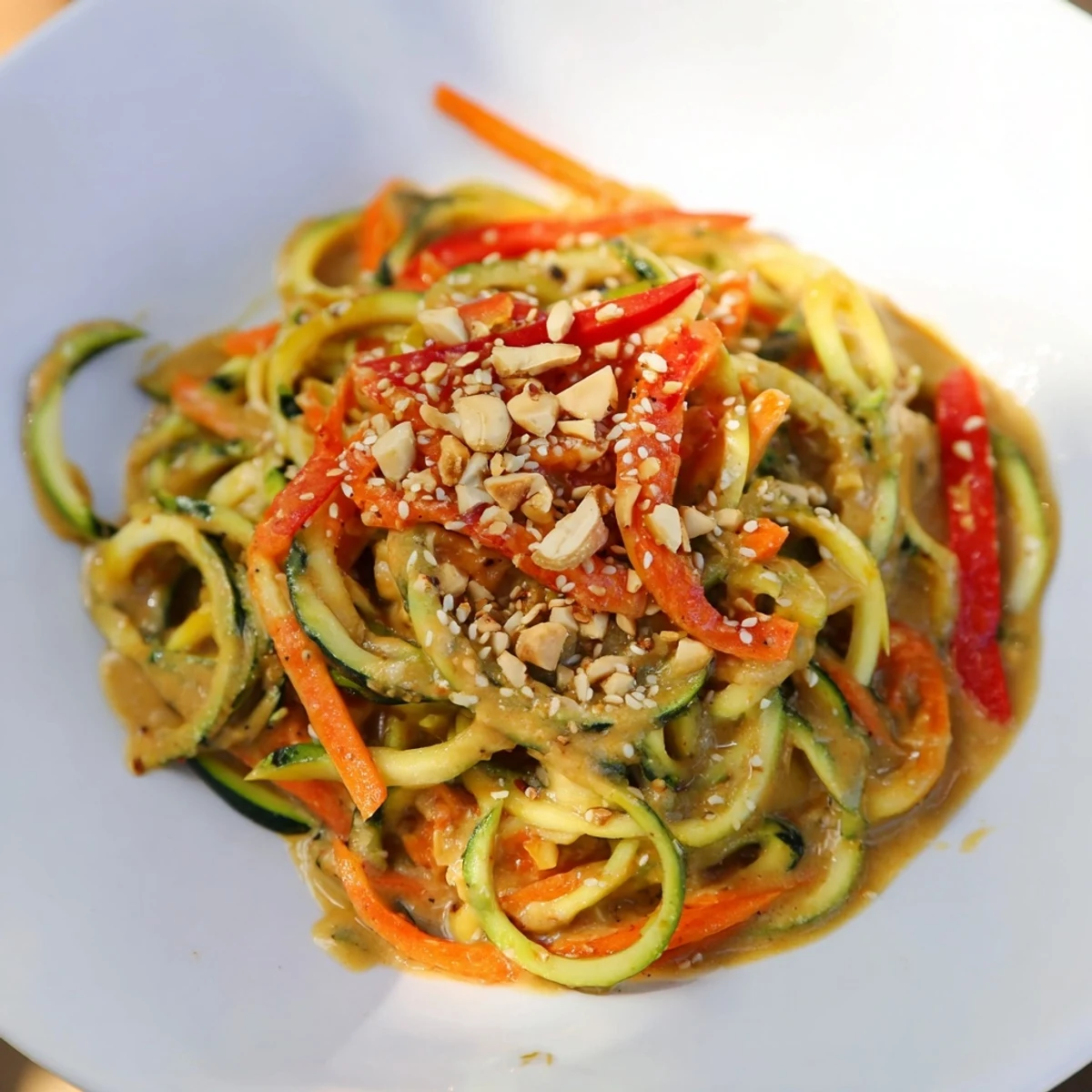 Vibrant Zesty Peanut Zucchini Noodles, a colorful and refreshing cold salad with creamy peanut sauce.