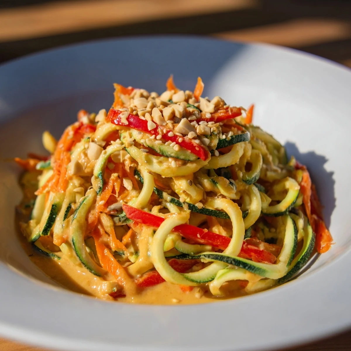 Beautiful bowl of Zesty Peanut Zucchini Noodles with rich peanut flavor and bright vegetables, ideal side dish.