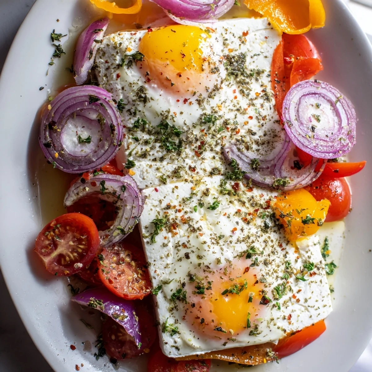 Mediterranean Baked Feta & Eggs: A close-up view of a baked dish bursting with vibrant tomatoes and creamy feta.