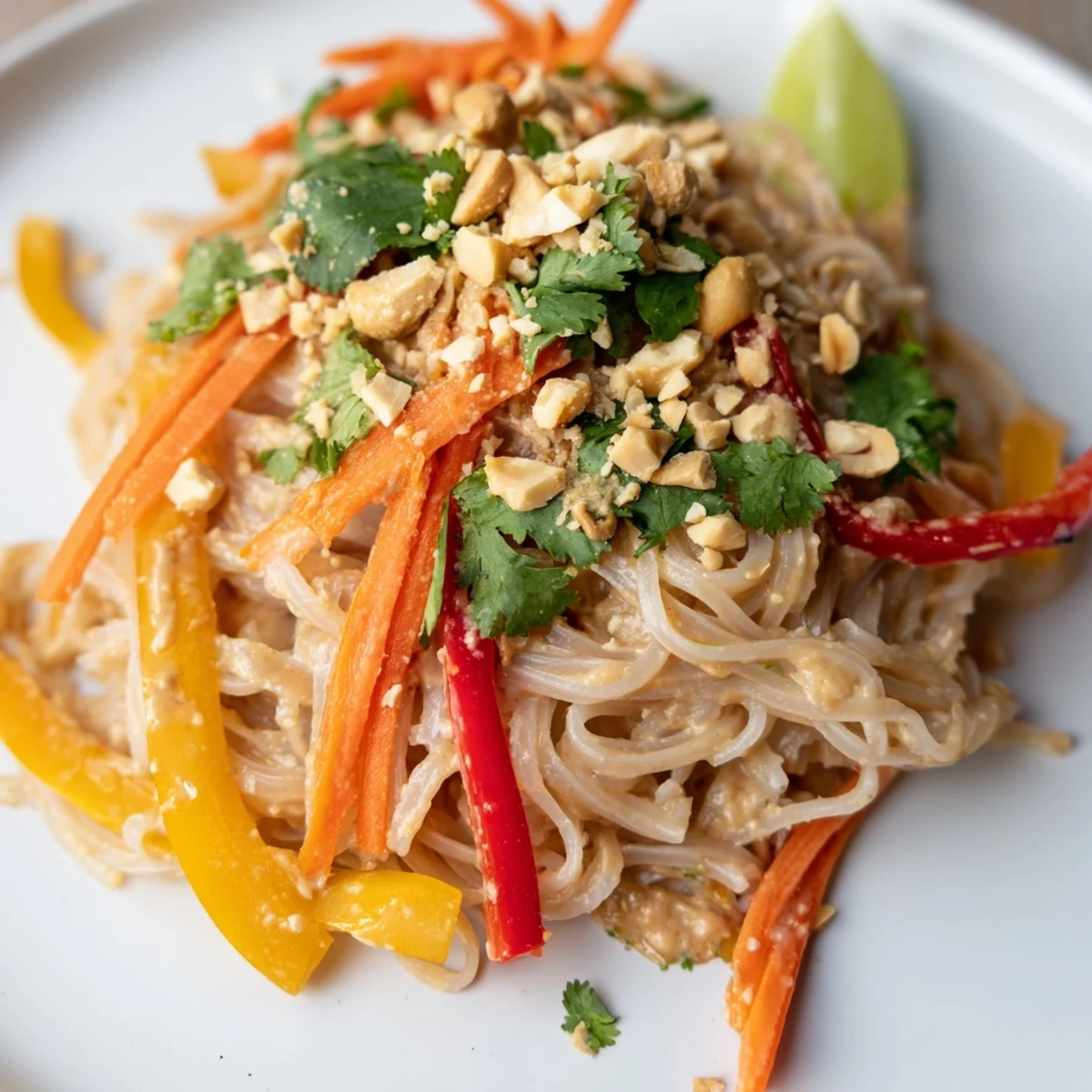 Steaming bowl of spicy peanut noodles, a comforting vegetarian Asian-inspired meal with vibrant garnishes.