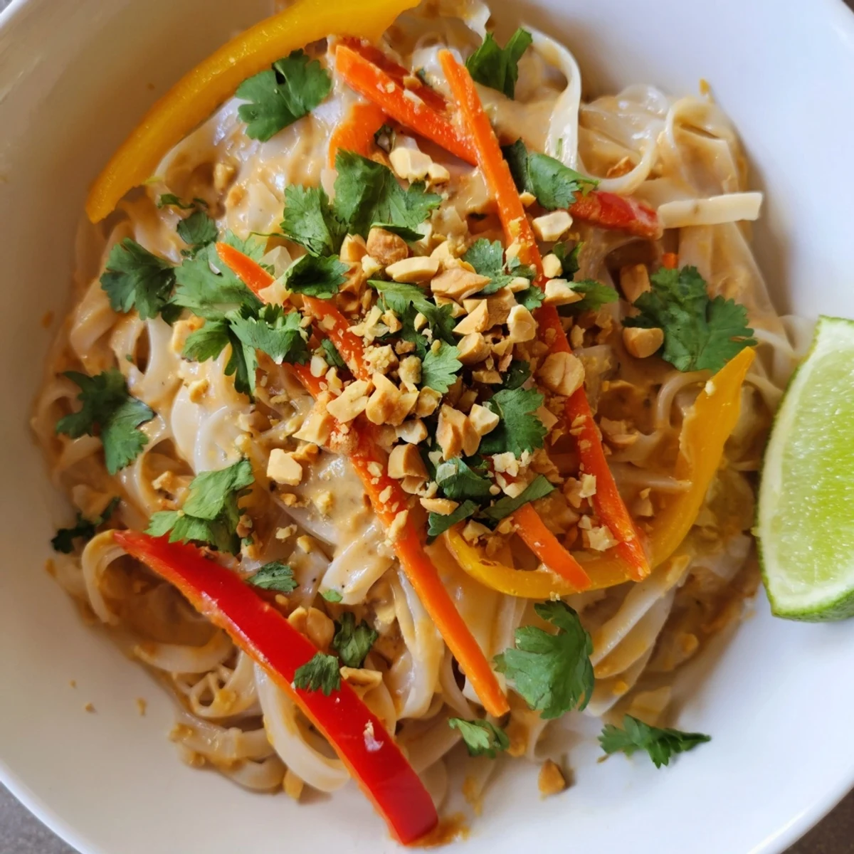 Freshly made spicy peanut noodles, coated in flavorful sauce and topped with crunchy peanuts and herbs.