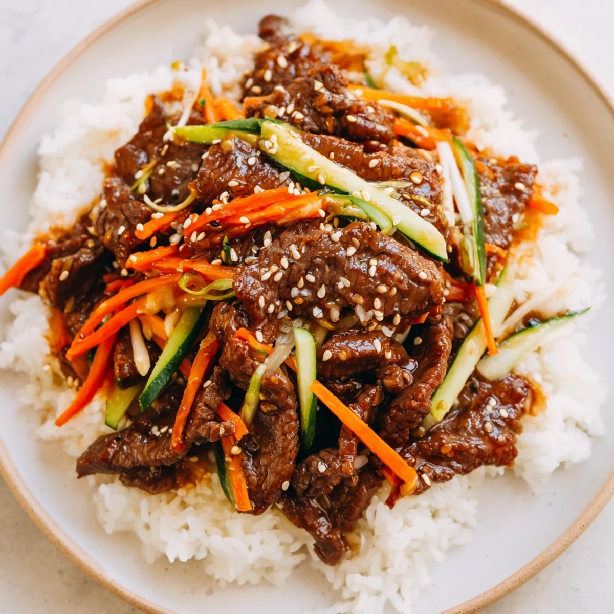 A close-up of a colorful bulgogi beef bowl showcases tender beef with crisp vegetables over fluffy rice.