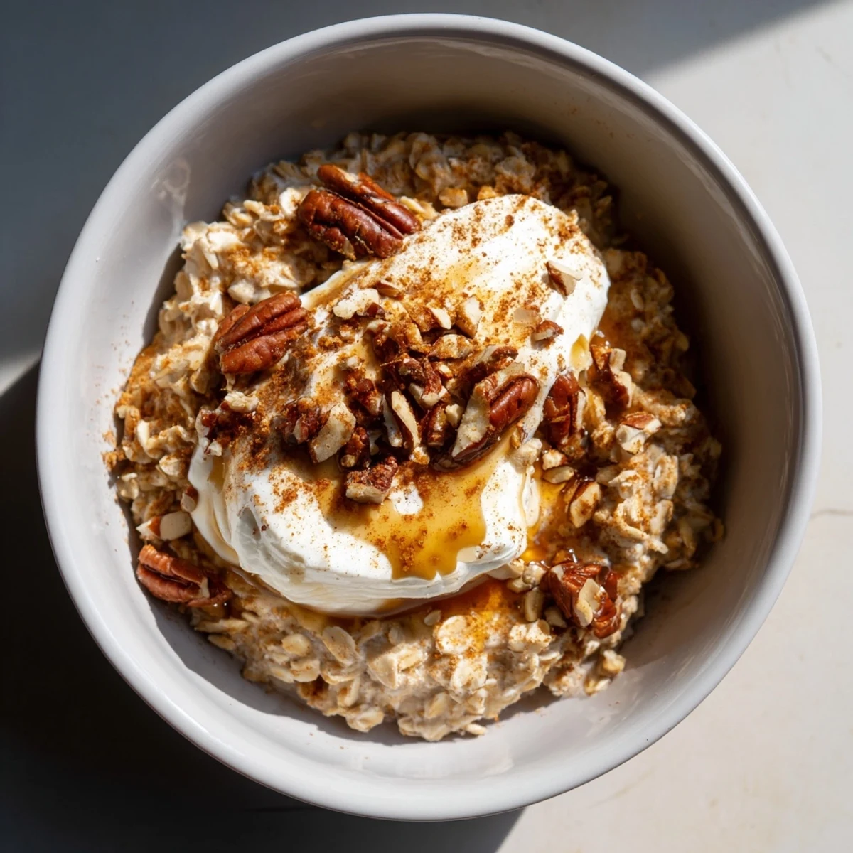 Bowls of Pumpkin Spice Latte Oats, a cozy fall breakfast with warm spice aromas and swirl toppings.