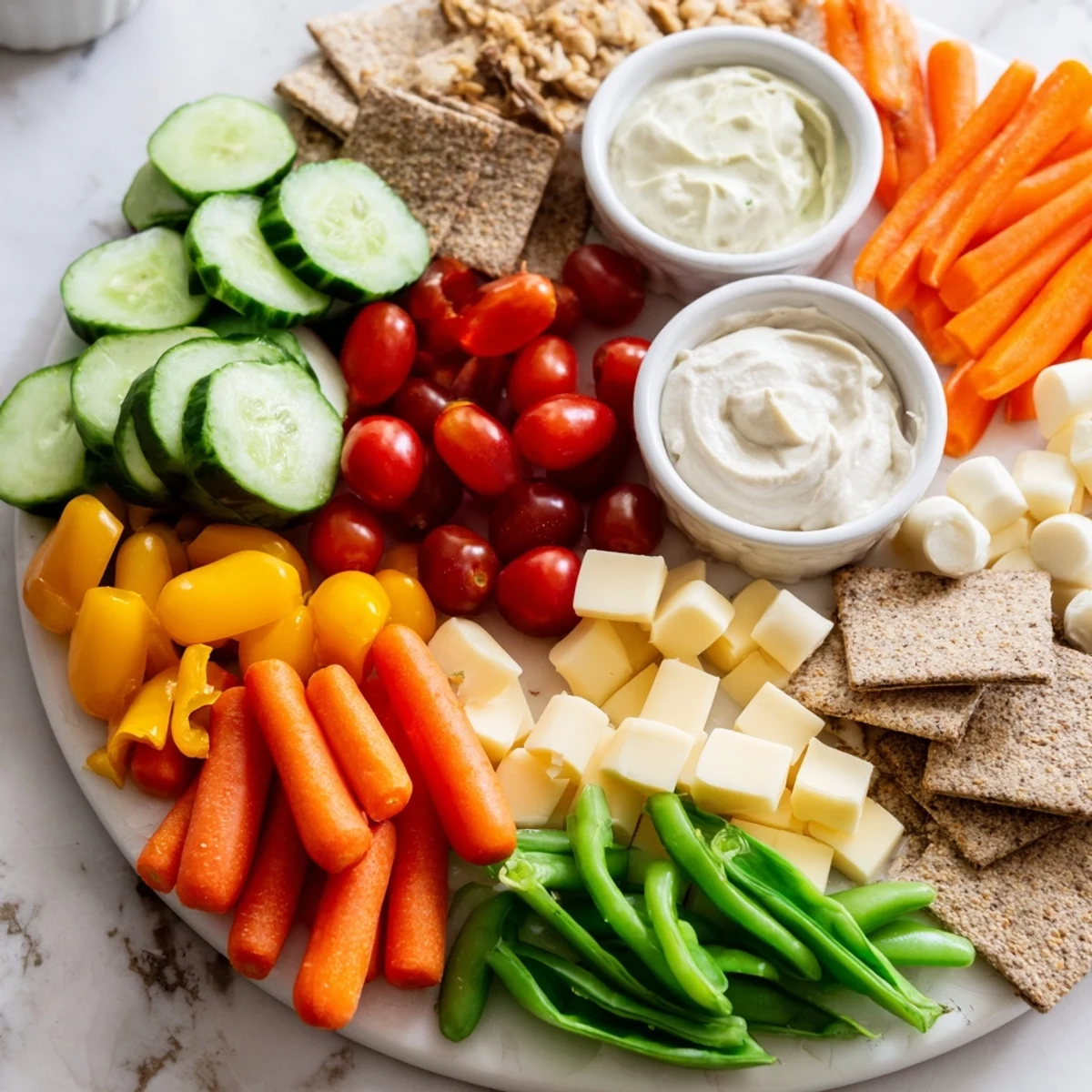 Visually stunning Veggie Snack Board, overflowing with colorful veggies, cheeses, and dips, ready to enjoy.