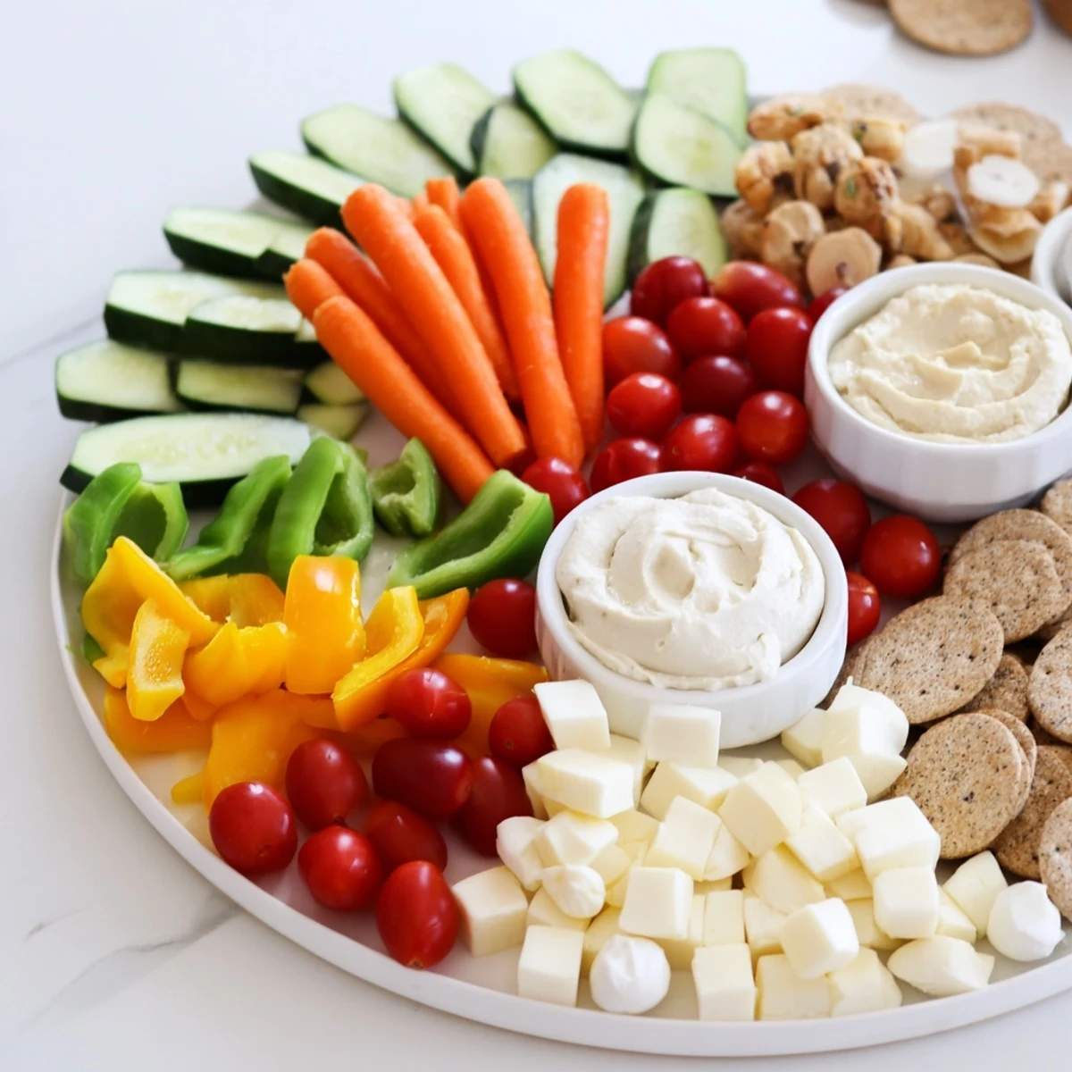 Delectable adult-friendly Veggie Snack Board featuring fresh carrots, creamy hummus, and tempting cheese selections.