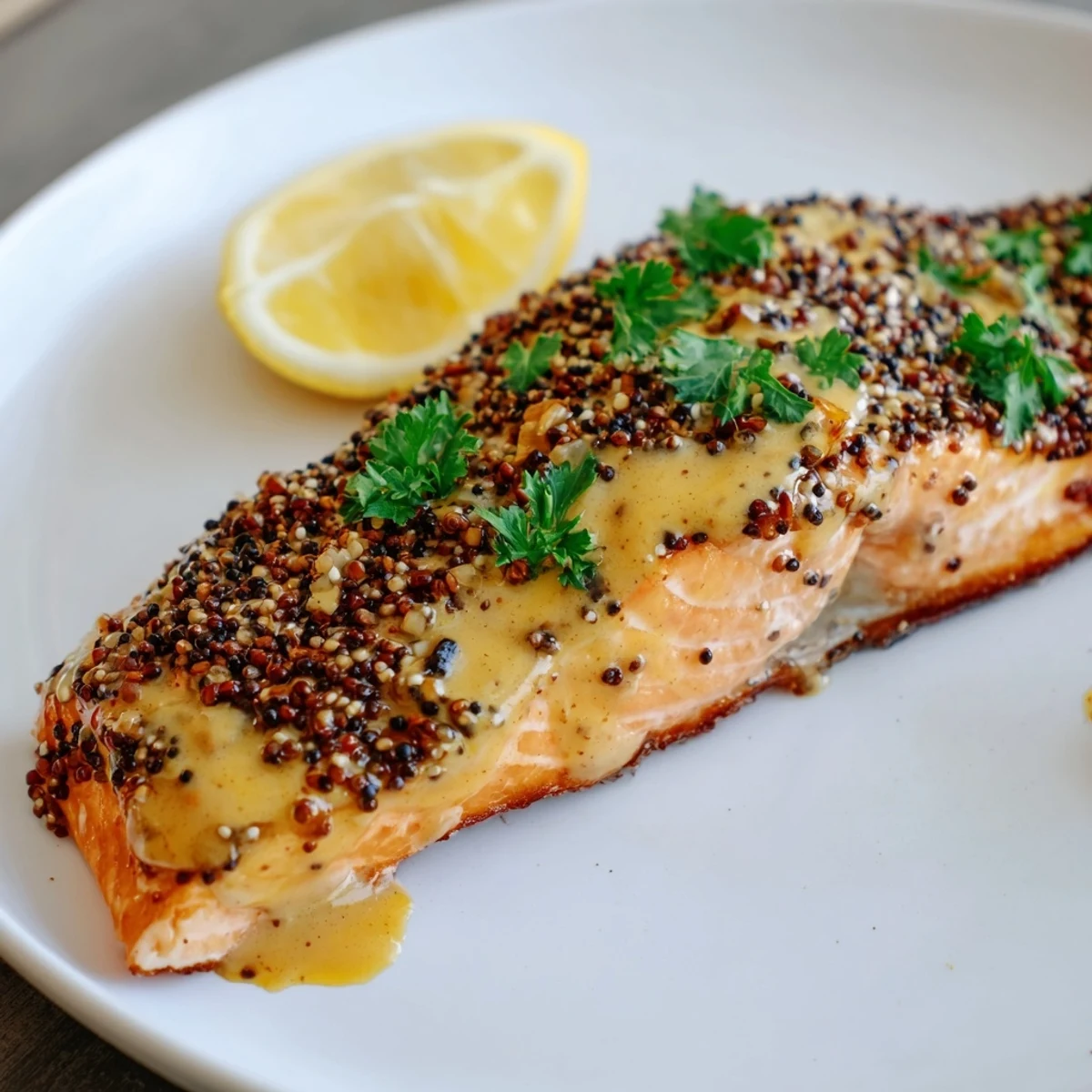 Golden-glazed Honey Mustard Salmon glistening on a baking sheet, ready for a delicious dinner.