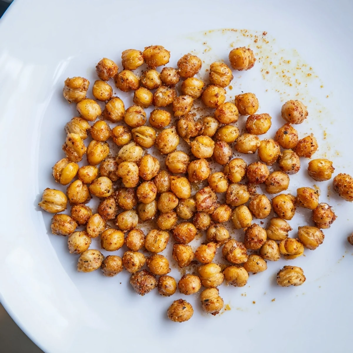 A close-up shot of the flavorful, oven-roasted crispy chickpea snack, seasoned with paprika and cumin.