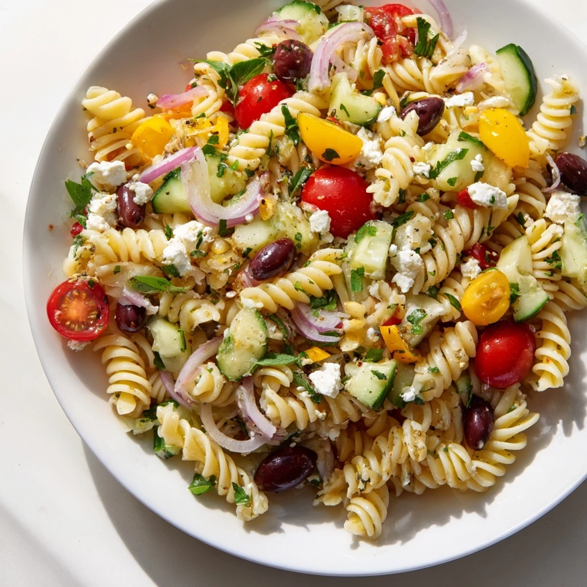 Bright and colorful Lemon Pasta Salad, with vibrant veggies, feta, and a zesty lemon dressing.