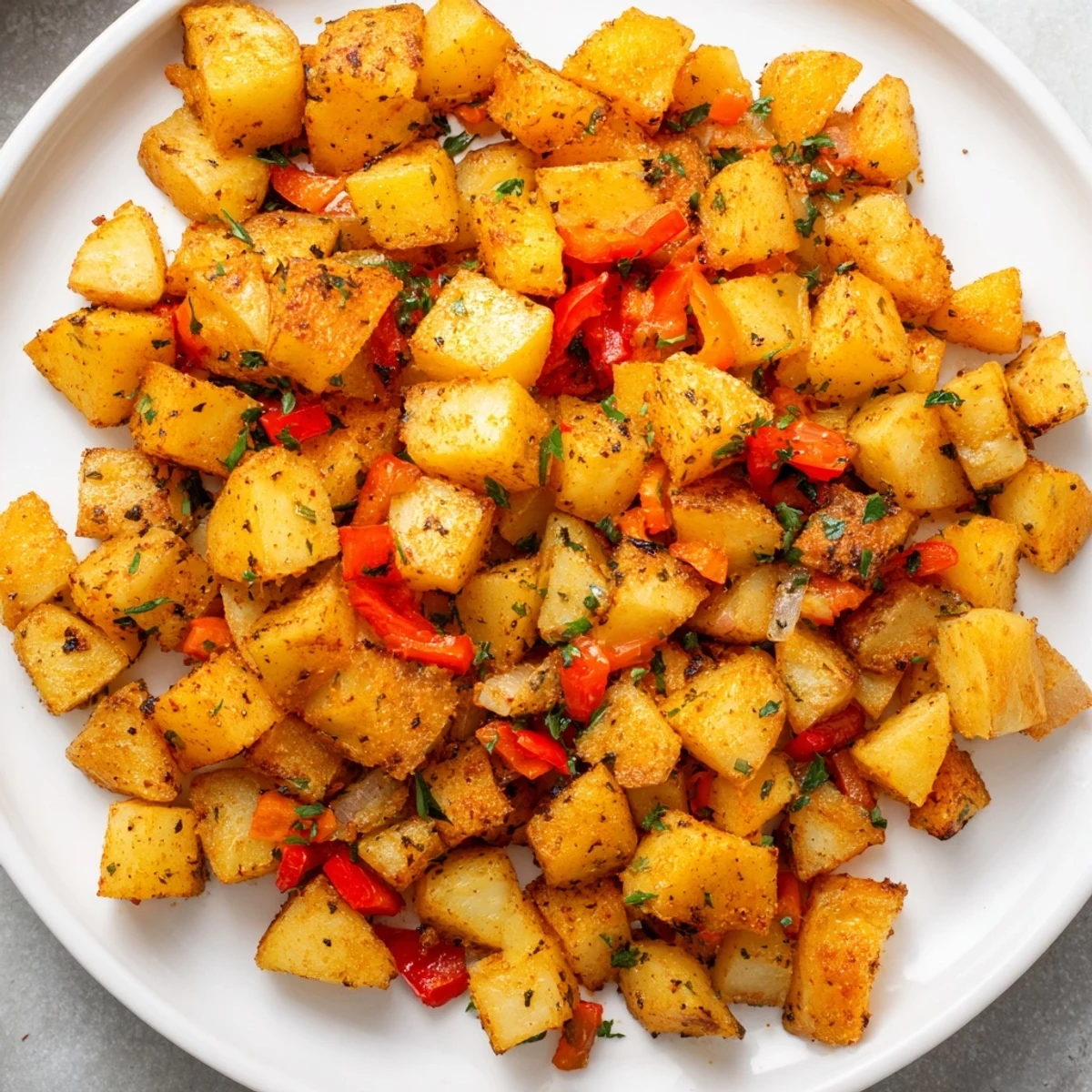 Golden-brown, crispy Air Fryer Breakfast Potatoes with vibrant red bell pepper and onion, ready to devour.