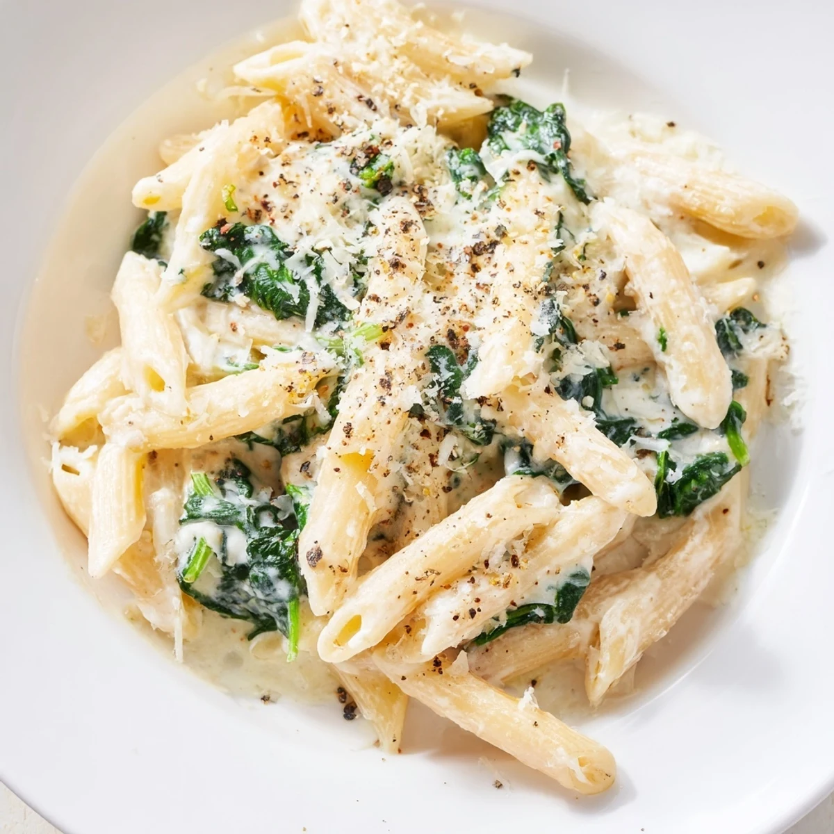 Creamy spinach pasta glistening with a rich cream sauce and fresh Parmesan cheese, so inviting.