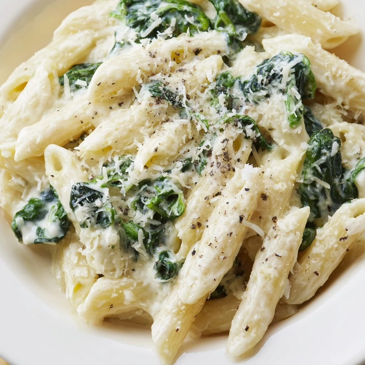 This comforting creamy spinach pasta features perfectly cooked pasta, coated in a luscious, creamy sauce.