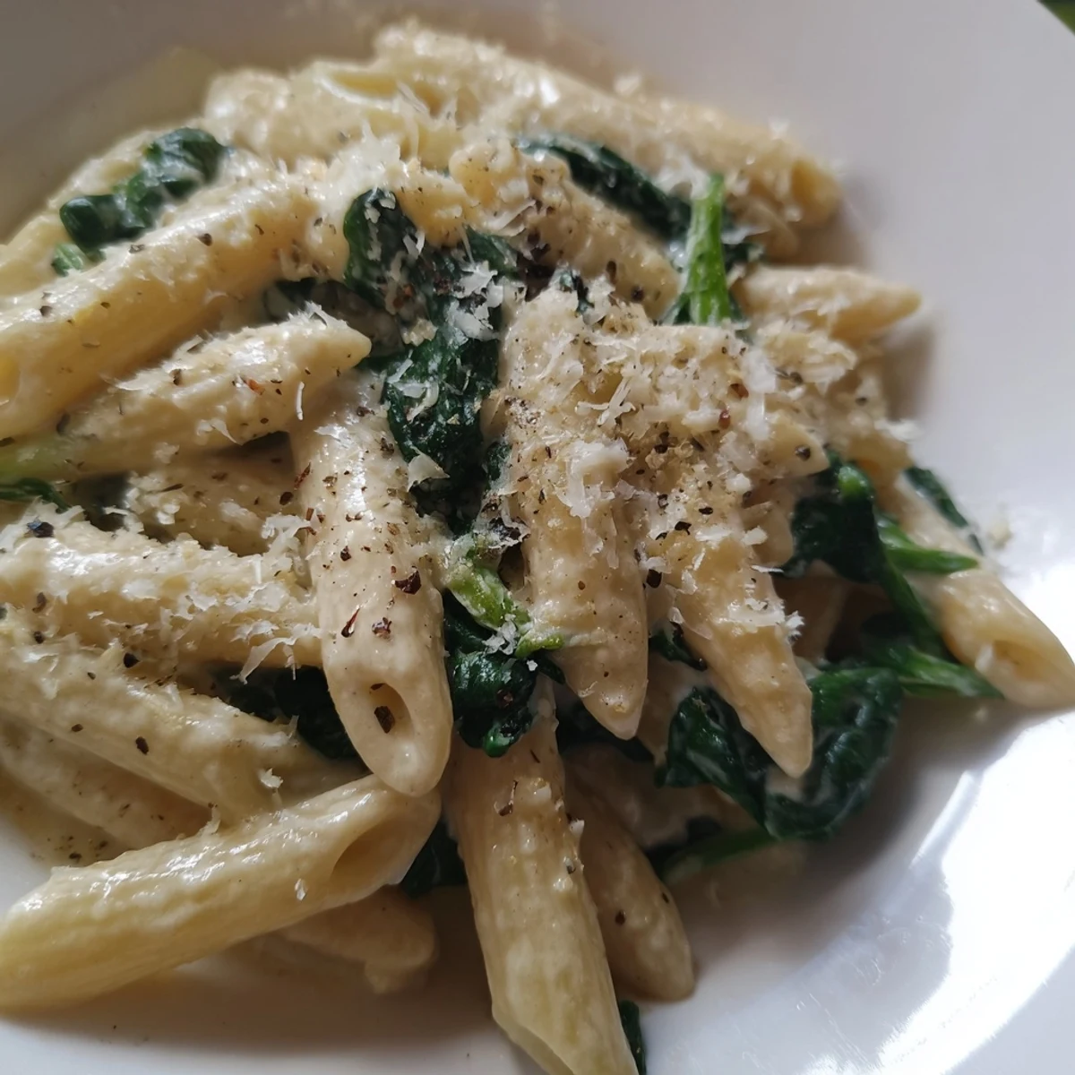 Delicious creamy spinach pasta, a vibrant vegetarian meal, ready to be served and enjoyed tonight!