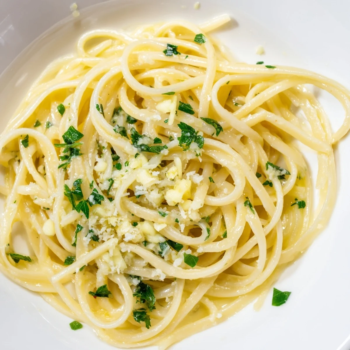 Golden-hued Garlic Butter Linguine with bright green parsley, a simple yet satisfying Italian meal.