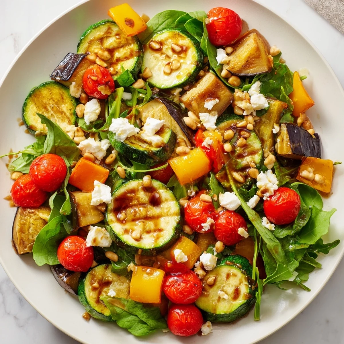 Warm Roasted Vegetable Salad with balsamic dressing; a colorful, inviting Mediterranean dish.