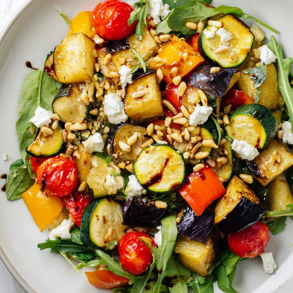 Fresh greens topped with a delicious Roasted Vegetable Salad, perfect for a light lunch or dinner.