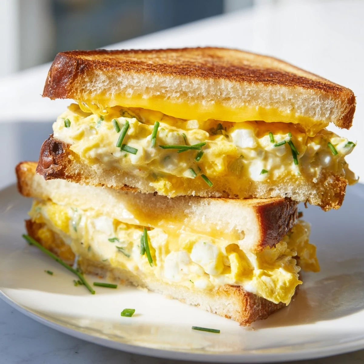 Golden-brown Egg Salad Grilled Cheese sandwich, a satisfying, melty, and utterly delicious lunchtime choice.
