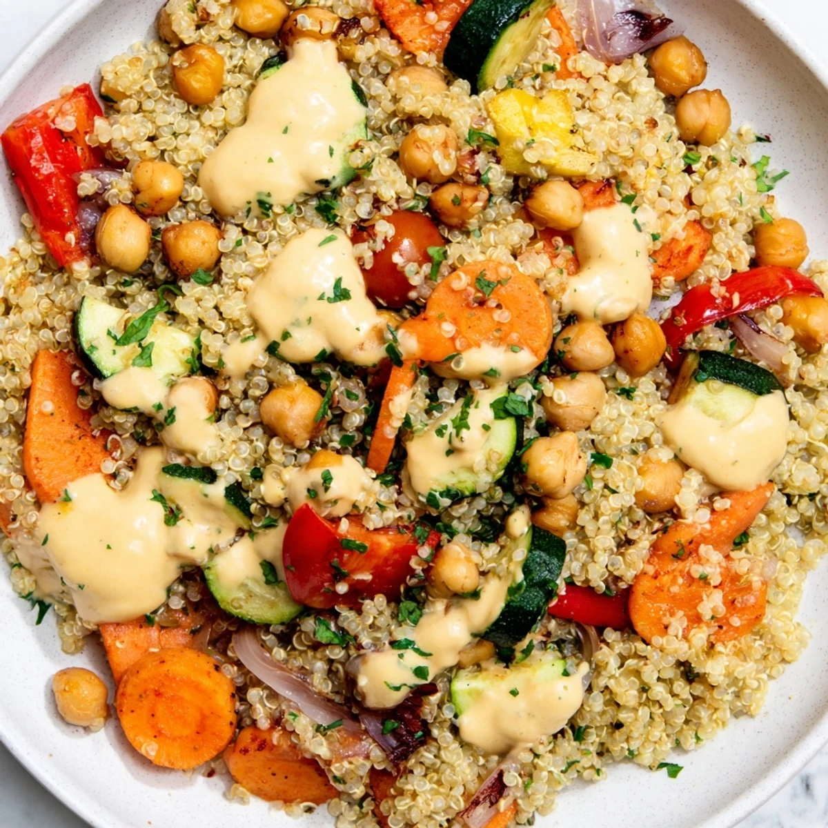 A colorful Quinoa Power Salad with roasted vegetables, chickpeas, and creamy tahini dressing.