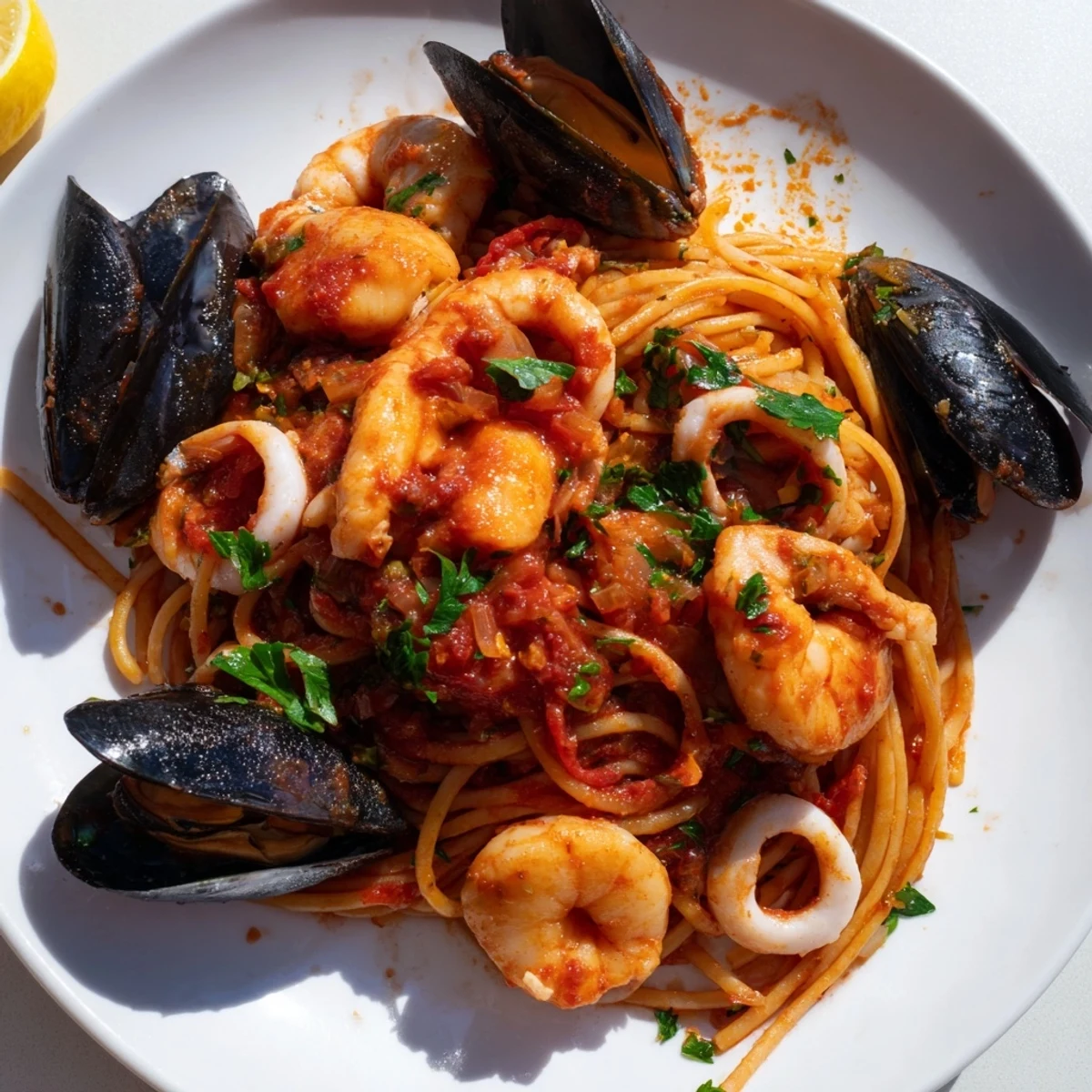 A steaming bowl of Seafood Marinara Pasta, filled with tender seafood and tomato sauce.