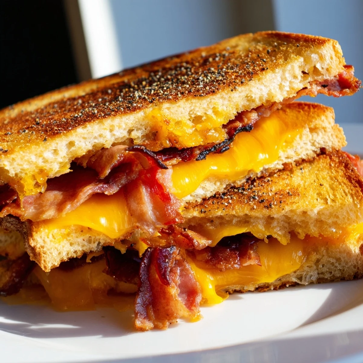 Golden, melty Crispy Bacon Cheddar Grilled Cheese oozes between crispy sourdough slices, ready for a delicious bite.