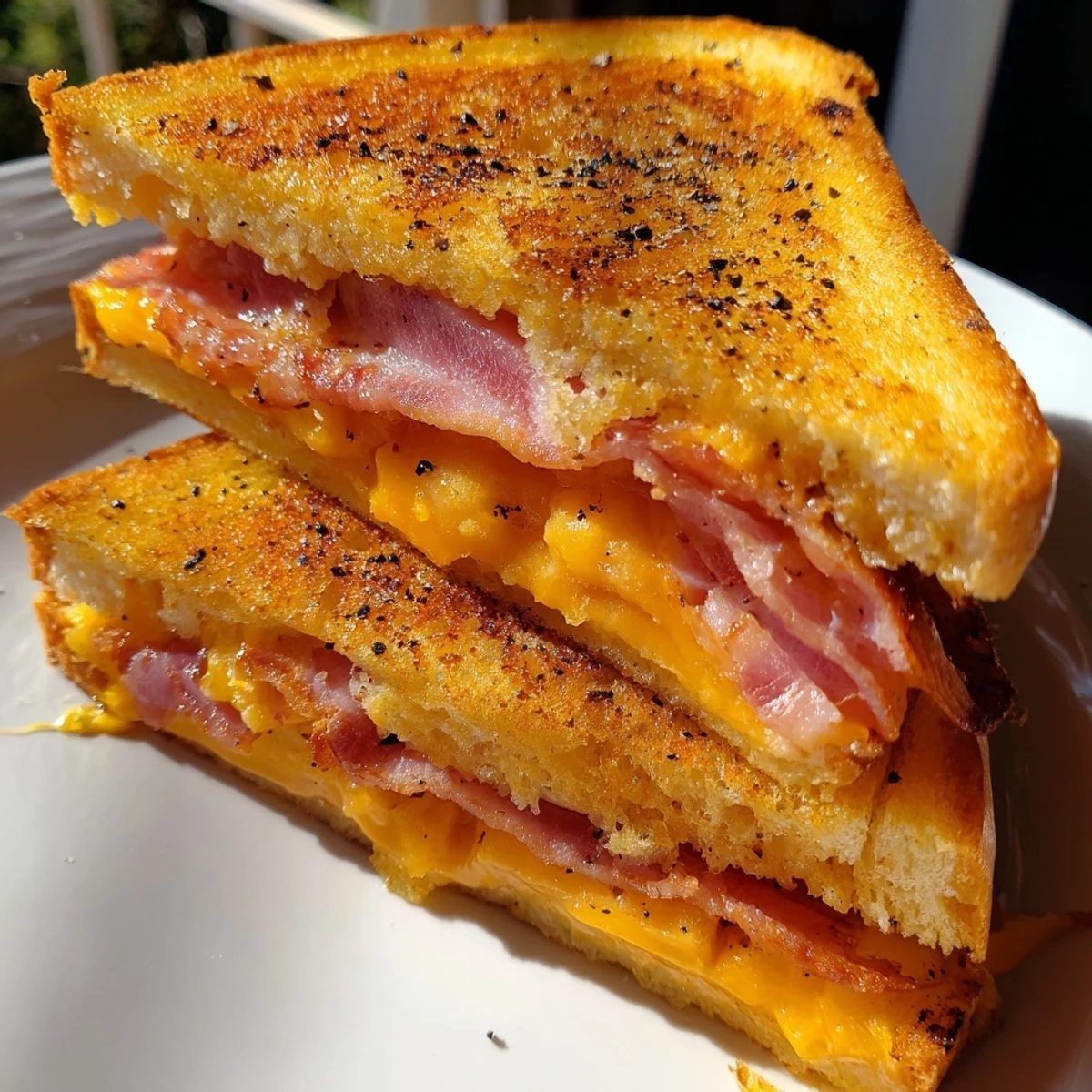 Sizzling bacon and sharp cheddar create the ultimate Crispy Bacon Cheddar Grilled Cheese, ready for your lunch.