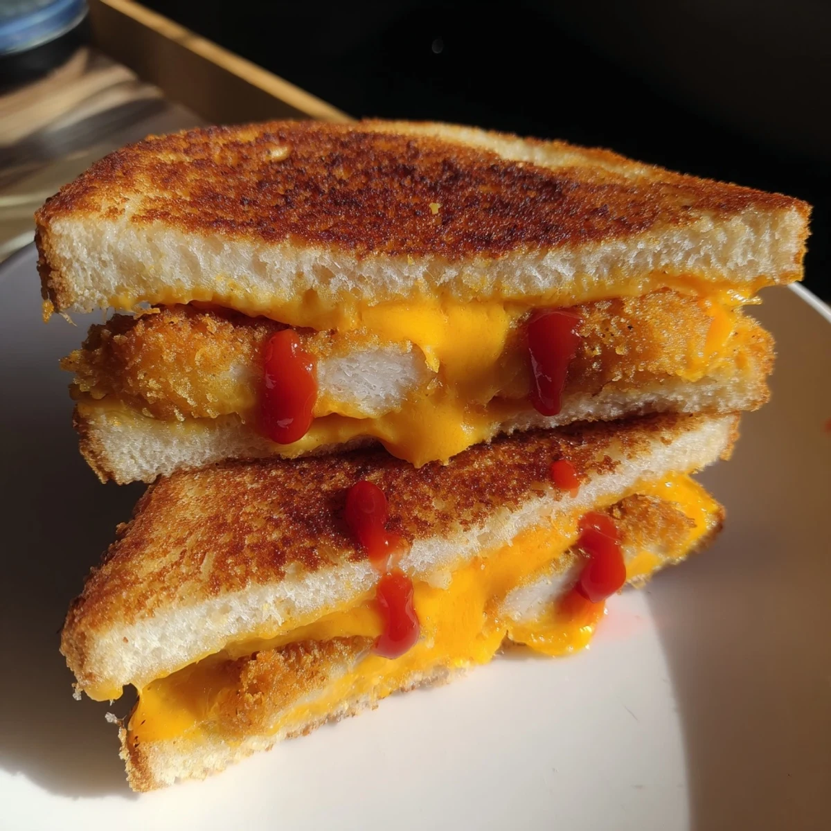 Melted cheese surrounds tender chicken nuggets within a perfectly toasted Chicken Nugget Grilled Cheese.