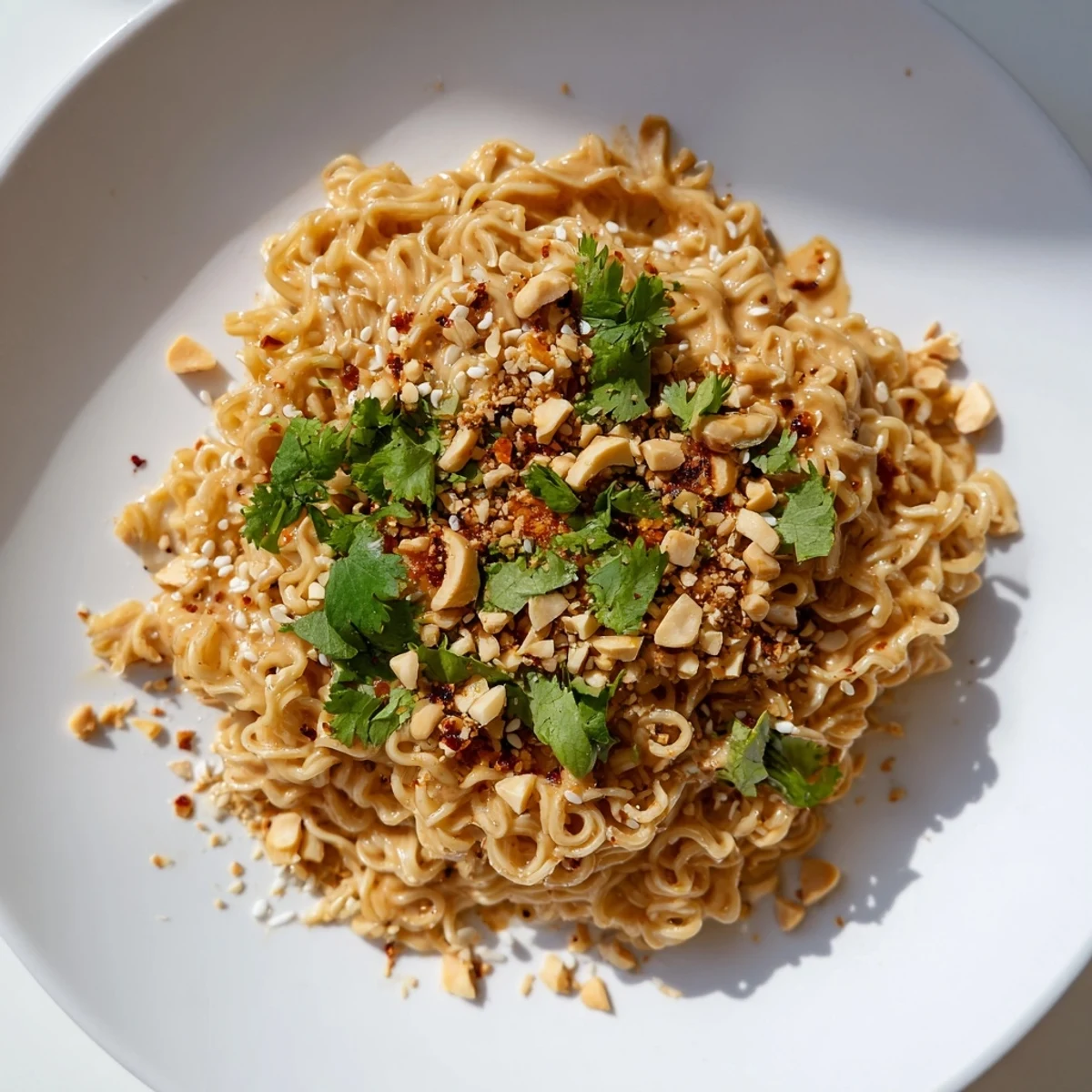 Steaming Instant Peanut Thai Sauce Noodles, coated in a luscious peanut sauce, ready to be enjoyed.