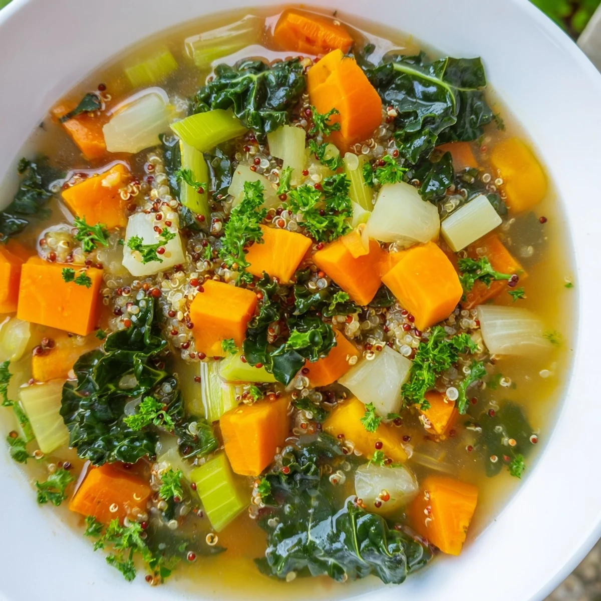 Hearty Nourishing Winter Veggie Soup, a vibrant bowl filled with steaming vegetables and quinoa.