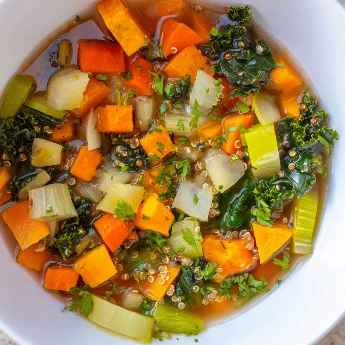 Close-up of a steaming bowl of Nourishing Winter Veggie Soup, garnished with fresh parsley and lemon.