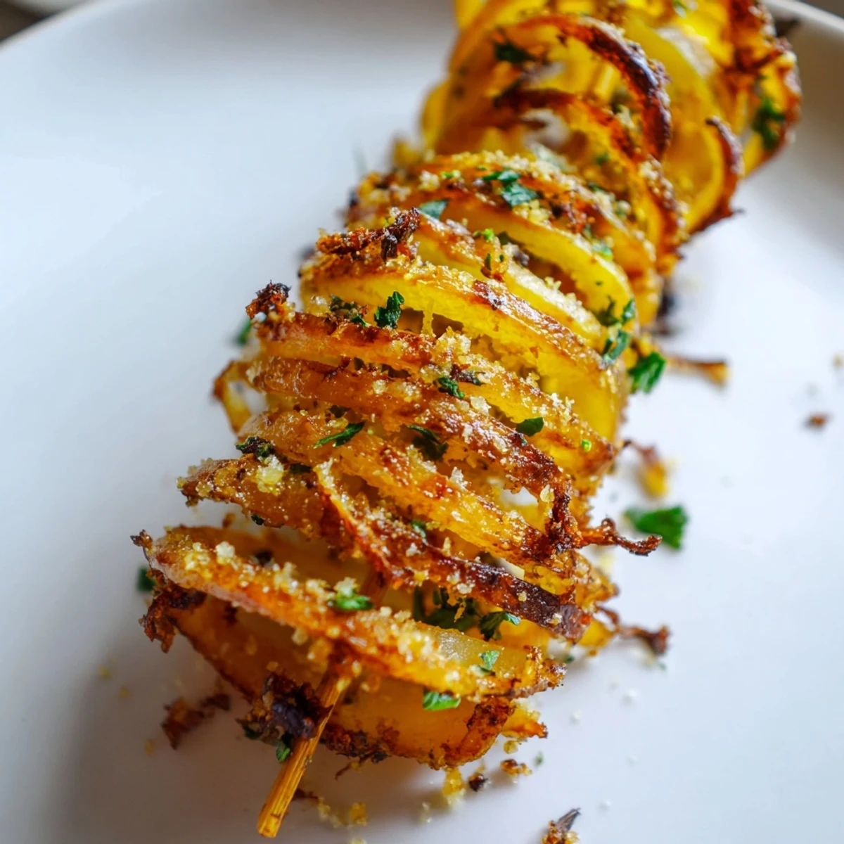 Close-up of freshly baked Tornado Potatoes; crispy, seasoned potato spirals perfect as a side dish.