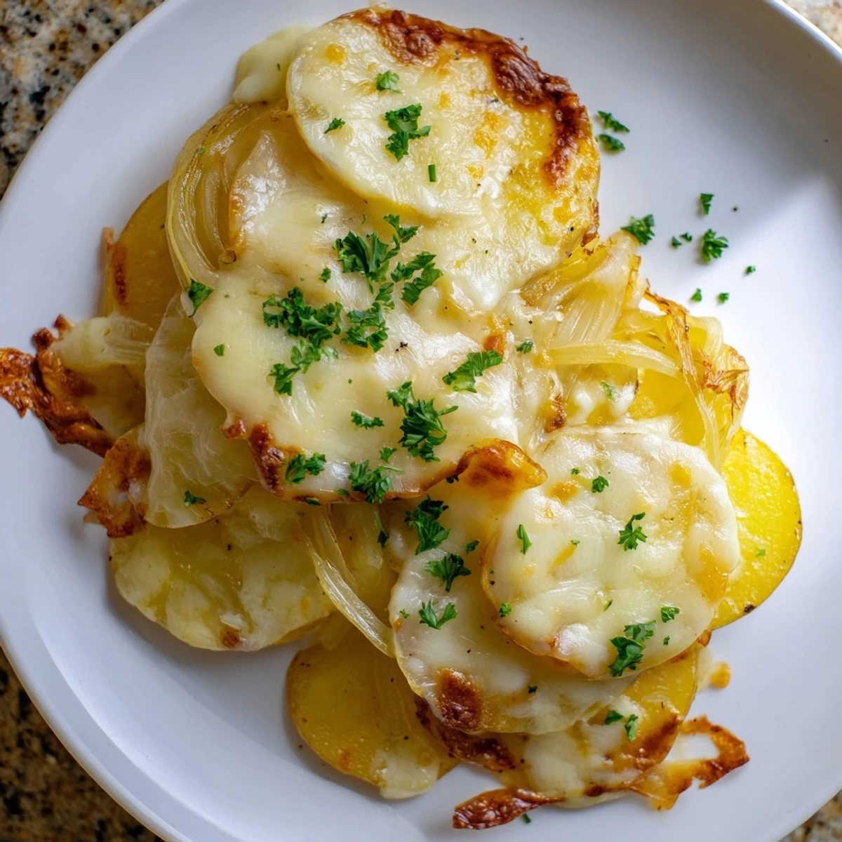 Golden, bubbly French Onion Soup Potatoes with melted Gruyère, side dish ready to be enjoyed!