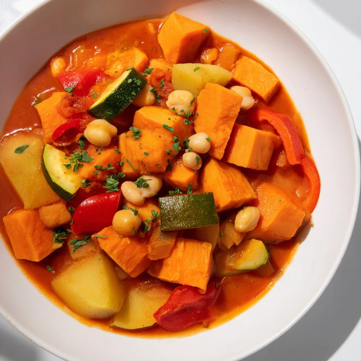 Hearty Vegan Sweet Potato Stew, a colorful medley of vegetables simmering in a rich tomato broth.