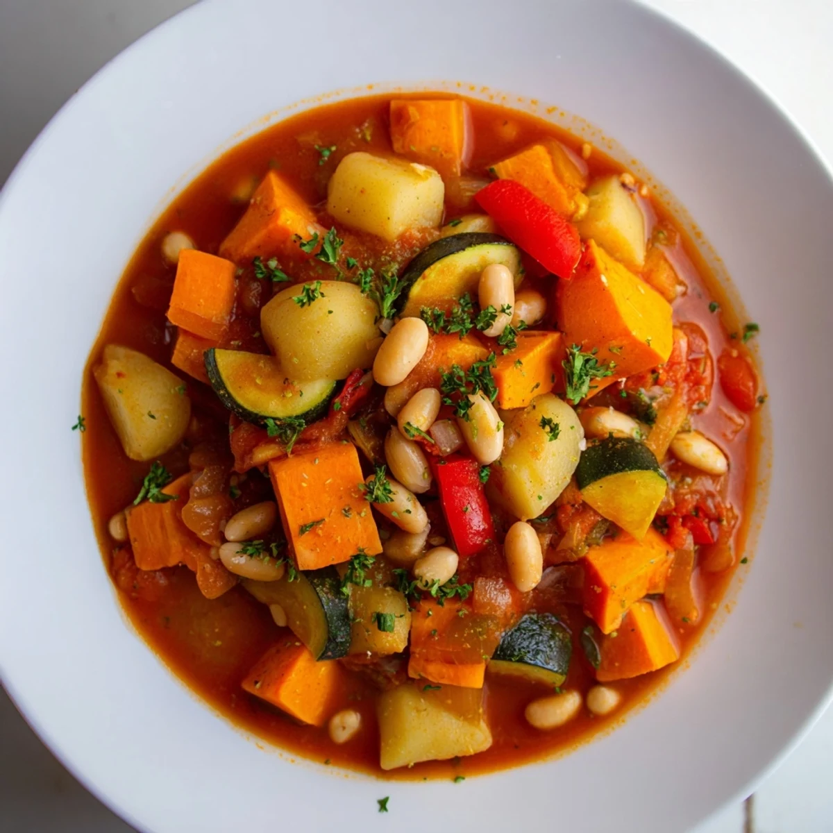 Close up: See the rich broth and tender vegetables in this inviting Hearty Vegan Sweet Potato Stew.