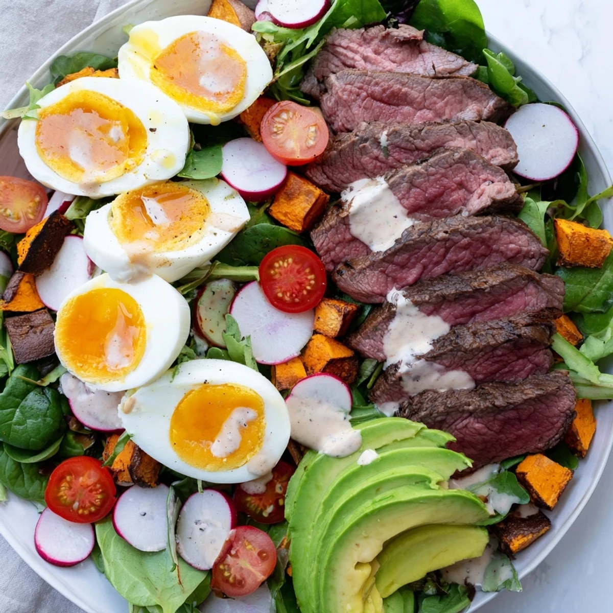 High-Protein Beef Avocado Bowl, with perfectly seared beef, creamy avocado, and roasted sweet potato.
