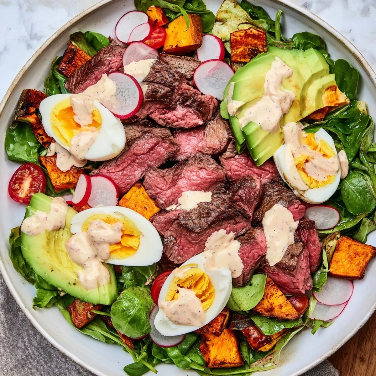 A delicious High-Protein Beef Avocado Bowl showcasing sliced beef, halved eggs, and vibrant fresh vegetables.