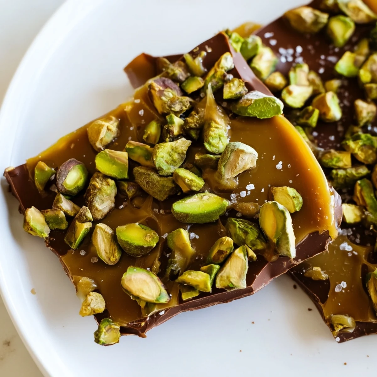 Melted chocolate base covered in glistening caramel with crunchy Pistachio Salted Caramel Bark.