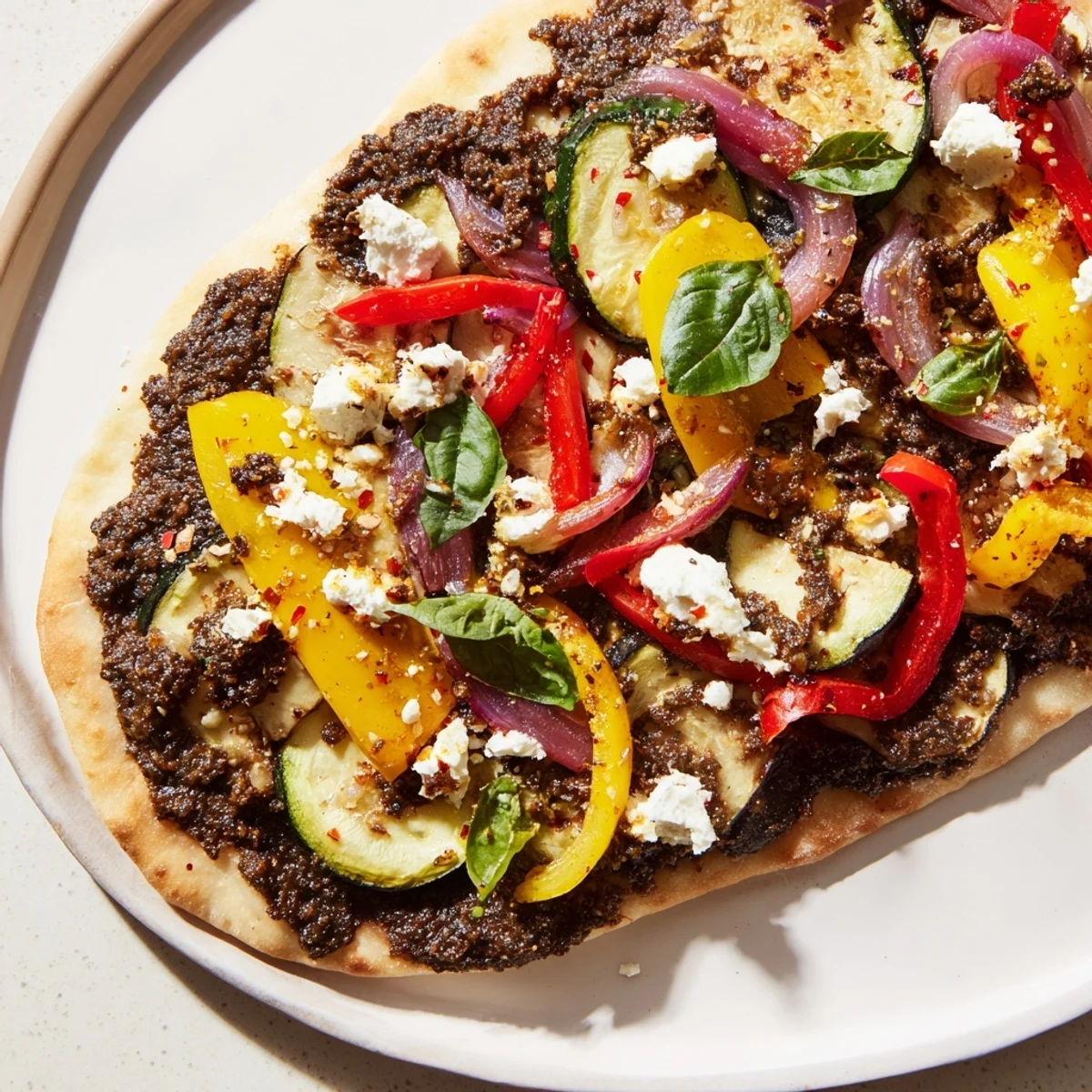Warm, cheesy naan bread pizza with olives, vegetables, and feta—a delightful vegetarian lunch or dinner.