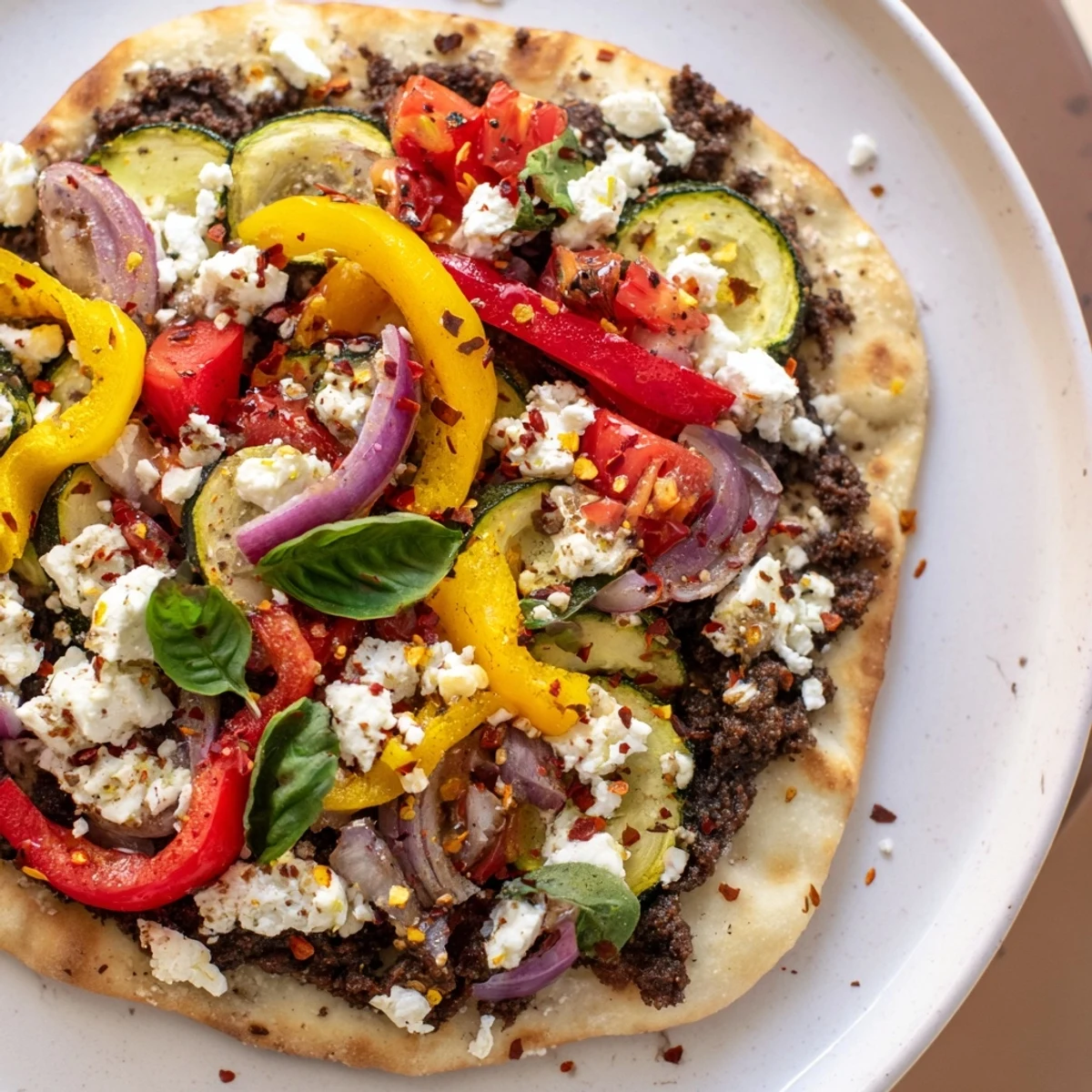 Mediterranean naan bread pizza featuring vibrant roasted vegetables atop a crispy, flavorful crust, ready to serve.