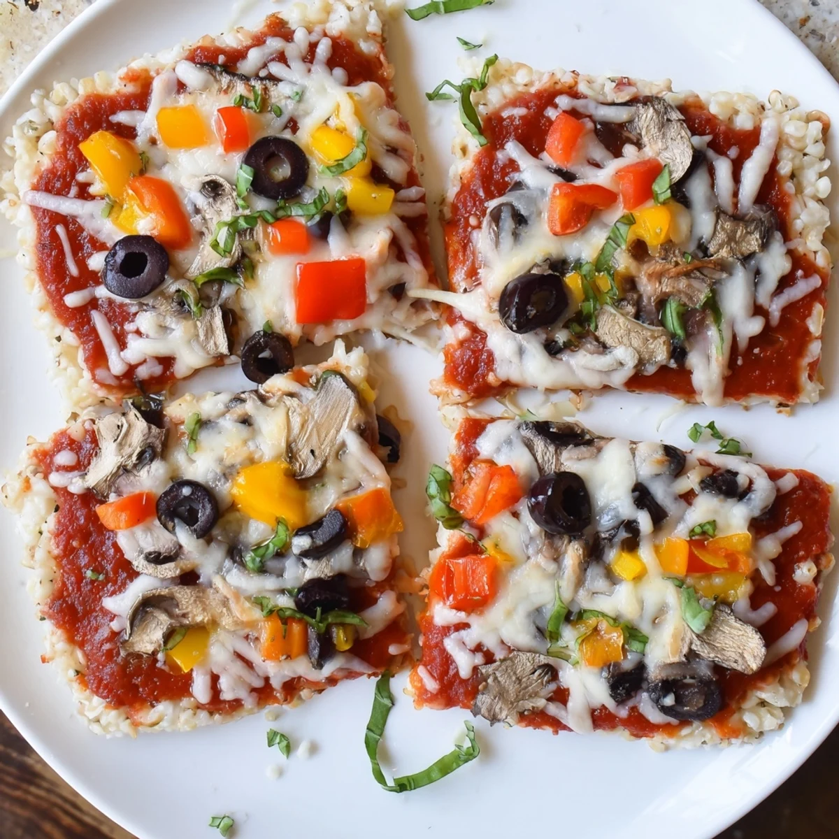 Golden, bubbly Rice Cake Pizza Squares with melted mozzarella, ready for a delicious bite.