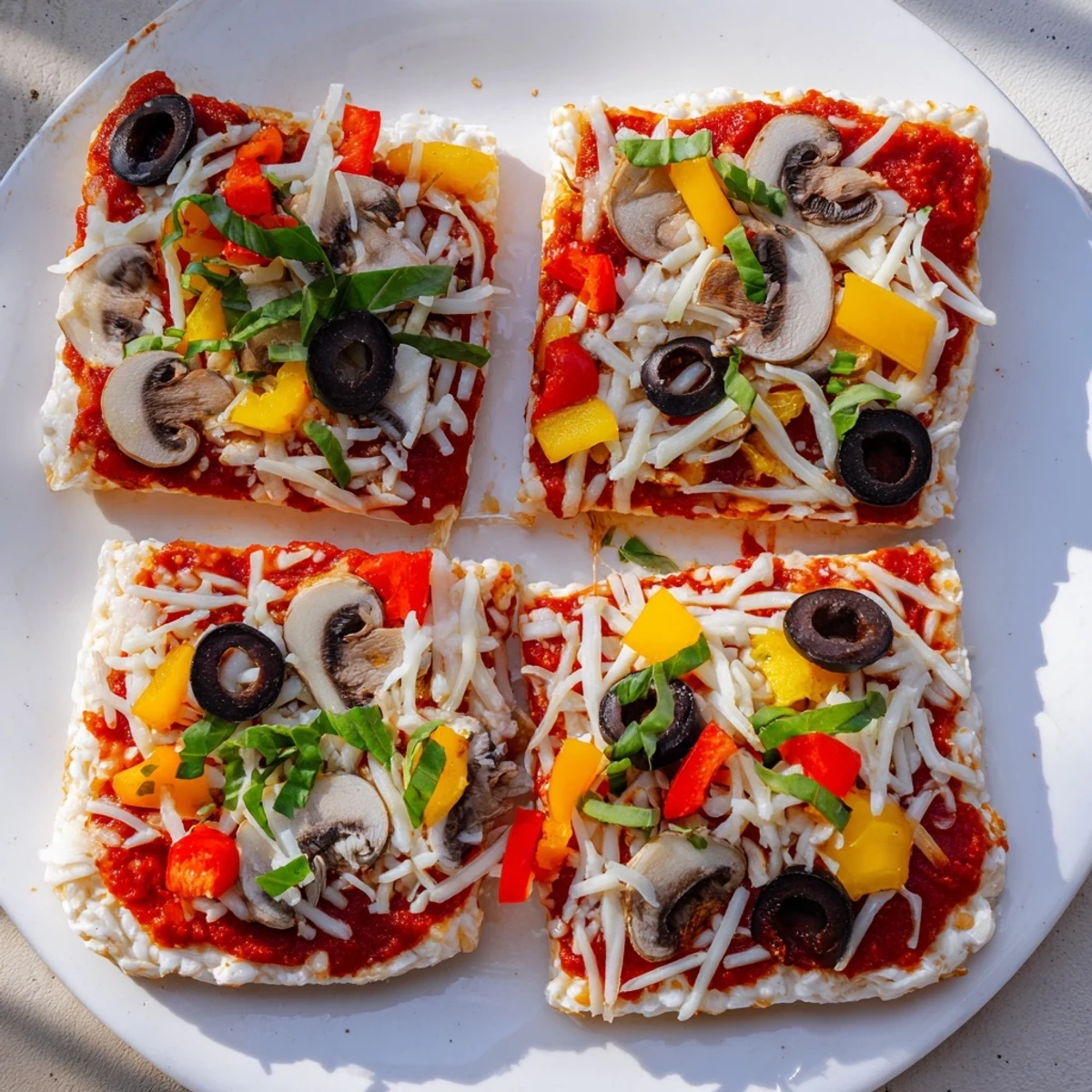 Freshly made Rice Cake Pizza Squares, arranged on a baking sheet, offer a gluten-free pizza alternative.