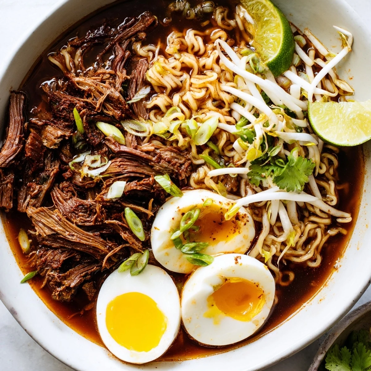 A steaming bowl of Chaos Cooking Birria Ramen, filled with tender beef and vibrant toppings.
