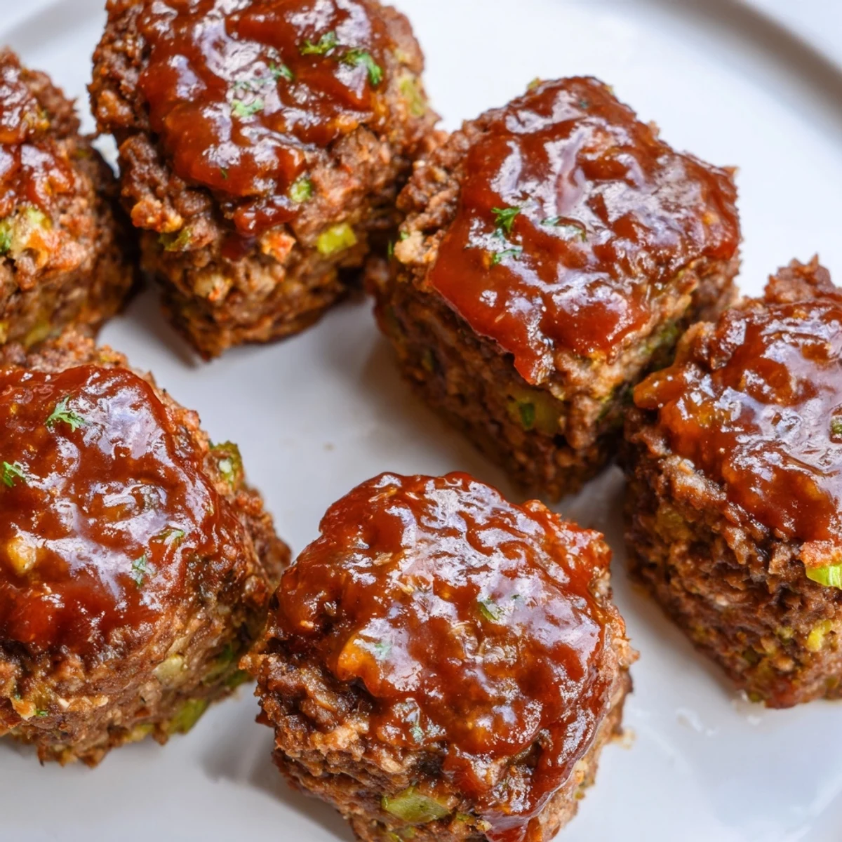 Close-up of savory mini meatloaf bites, tender inside with a caramelized, glazed top.