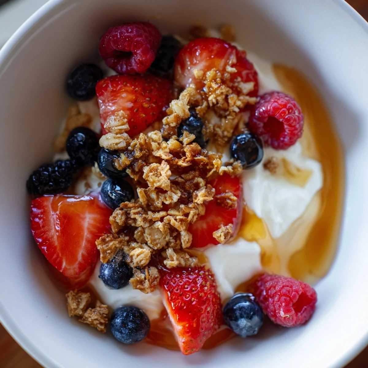 Cottage Cheese Hot Honey Bowl brimming with fresh berries, sweet granola, and a spicy honey drizzle.